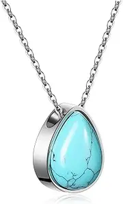[PiercingJak] Cremation Urn Necklace for Ashes Tiger Eye Turquoise Stone Stainless Steel Teardrop Urn Necklace Keepsake Cremation Ashes Necklace Memorial Jewelry for Men Women