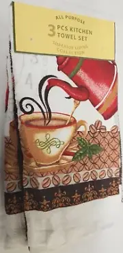 3 pc TOWELS SET, 2 Polycotton & 1 Microfiber, TEAPOT & HOT COFFEE CUP, Sunrise