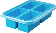 4-Compartments Large Ice Cube Silicone Freezing Tray with Lid, 300ML/Compartment Molds with Measurement Lines Easy to Meal Prep, Food Freezing Storage Containers for Soup, Pasta Sauce, Broth (Blue)