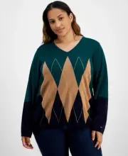 Tommy Hilfiger Plus Size Argyle Colorblocked Sweater - Forest Multi-1X