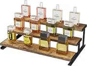 Lifewit 3-Tier Wooden Dispaly Riser with Metal Stand, Step Cologne Stand, Perfume Organizer, Display Shelf for Fragrance, Skincare, Figurine, Spice, Use for Tabletop, Cabinet, 1 Set, Rustic Brown