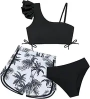 [Weixinbuy] Girls Swimsuit 3 Piece Bathing Suit for Teens Kids Ruffle Swimwear Tropical Floral Print Bikini Set for 9-16T