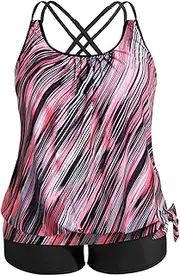 [Holipick] Women Plus Size Two Piece Tankini Swimsuit Tummy Control Bathing Suits Blouson Tankini Top with Boy Shorts
