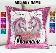 Unicorn Sequin Cushion Cover Flip Sequin Throw Pillow I Love You Personalised