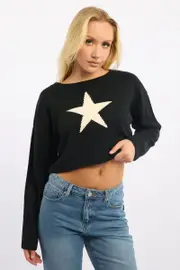 Black Star Knit Jumper Long Sleeve - Size 12M, Women's Crop Knitted