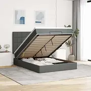 [vidaXL] Ottoman Bed Frame with Mattress and Storage - Queen Fabric Dark Grey - Pocket Spring Mattress and LED Lights for Modern Bedroom