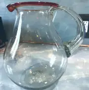 Vintage Hand Blown Glass Pitcher With Red Rim Margarita Pitcher