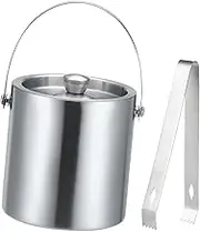Fenteer Stainless Steel Ice Bucket with Lid and Tongs Comfortable Carry Handle Champagne Cool for Hotel Night Supplies Accessory, 1.6L