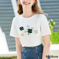 在飛比找博客來優惠-【MsMore】 幸運草圓領棉大碼短袖T恤寬鬆百搭短版上衣#