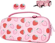 TIKOdirect Carrying Case for Nintendo Switch, Cute Portable Travel Bag in Newest Updated Design of Pink interior with an Adjustable Shoulder Strap, 2 Thumb Grip Caps and 10 Game Card Slots, Strawberry