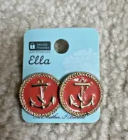Vintage 1" Gold Tone and Coral Enamel Circular Anchor Stud Earrings