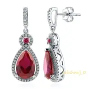 14K White Gold Finish 4CT Pear Shape Red Ruby Teardrop Jewelry Halo Earrings