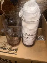 NIB 12-Libby Pink Heavy Bottom Tumbler Glass Gold Trim Seasons Greetings 6” Tall