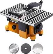 60W Mini Table Saw, Portable Hobby Electric Saw Bench with Three 4" Diameter Saw Blades, Miter Guide/5000r/min Speed/Cutting Thickness up to 15mm, for Precision Cut Metal Wood Glass Cutting