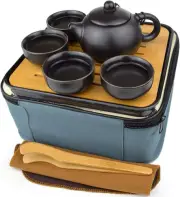 Travel Tea Set Kungfu Tea Pot Cups Tray with Gift Black Portable Packaging