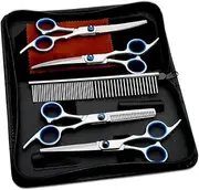 AIMALL 7PCS 7" Pet Grooming Scissors Set, Straight & Curved Dog & Cat Cutting, Thinning Shears, Includes Comb and Storage Case