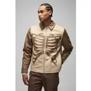 Mens Brown Regular Fit Tumbled PU Skeleton Applique Harrington Jacket