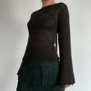 Long Wide-Sleeve Boatneck Plain Knit Top Black - L