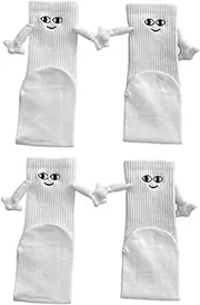 [TISSAC] 2 Pairs Funny Magnetic Suction 3D Doll Couple Socks - Holding Hands, Hand in Hand Friendship Magnet - Mid-Tube Cute With S-miley Face - Gifts for Women Men