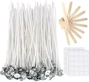 Candle Wicks 100 Pcs 6 inch with 30Pcs Candle Wick Stickers and 10 Pcs Wooden Candle Wick Centering Device for Soy Beeswax Candle Making and Candle DIY