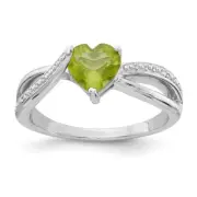 Sterling Silver Heart Shaped Peridot & Diamond Ring Size 8