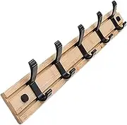 Coat Rack Wall Mount, Coat Hook with 5 Removable Double Hooks, Stainless Steel Wall Hook Coat Holder, Heavy Duty Wooden Wall Hook, Modern Coat Hangers with Self-Adhesive for Hat Backpack Towel (BK)