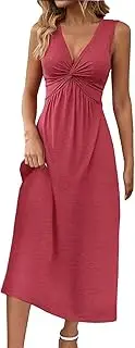 [Generic] Sleeveless Dresses for Women Front V Neck Ruffle Casual Summer Dress Sexy Cute Tunic Bodycon Womens Sexy Midi Dress with Pockets Red Evening Maxi Short Dressing Gowns Plus Size