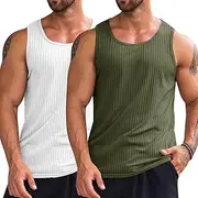 [Runcati] Men's Ribbed Tank Tops 2 Pack Knit Sleeveless Workout T Shirt Muscle Gym Fitness Tee, White/Army Green, Small