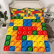 Feelyou Toddler Building Blocks Fitted Sheet Twin Size Kids Toy Brick Bedding Set for Boys Teens Games Bed Sheet Set Breathable Colorful Bed Cover Room Decor