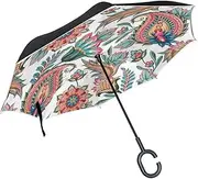 Double Layer Inverted Umbrella Cars Reverse Umbrella Oriental Paisley Vintage Flowers Windproof UV Proof Travel Outdoor Umbrella