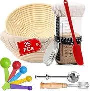 25 Pcs Sourdough Bread Baking Supplies Includes 10" Oval & 9" Round Bannetons, 24oz Glass Starter Jar, Dough Whisk, Scoring Knife, Scrapers, Silicone Mats & More – Ideal for Beginners & Pros