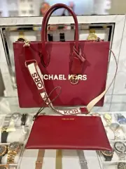 Michael Kors Mirella MD East West Tote Leather Bag+Top Zip Clutch Wallet-Oxblood