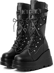 [mikarka] Womens Holographic Platform Mid Calf Combat Boots Lace Up Wedge Heel Studded Goth Knee High Boots