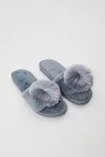 Blue Plush Pom Pom Detail Mule Slippers - Size S, Women's Shoes