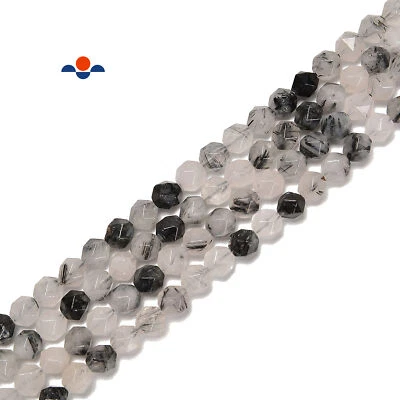Black Rutilated Quartz Faceted Start Cut Beads Size 8mm 15.5'' Strand (8mm)