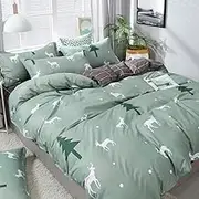 Cartoons Elk Duvet Cover Queen,Green Pine Tree Print Bedding Set Dark Gray Geometry Stripe Lining Quilt Cover King Size Quilt Cover Set for Kids Adult Grils,Double(180x210cm)