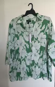 Tahari 100% Linen Women 3X Tunic Blouse Top Blue White Birds Floral NEW