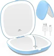 wobsion Travel Mirror with Light, Rechargeable 1x/10x Compact Magnifying Mirror, Dimmable Pocket Mirror,Handheld 2-Side Mirror with Light,4inch Travel Size,Portable for Handbag,Purse,Gift,Blue