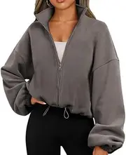 [Famulily] Autumn Long Sleeve Sweatshirts Women's Cropped Fleece Sweatshirt Zip Up Crop Workout Tops with Drawstring
