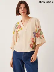 Monsoon Cream Sylvia Floral Print Embroidered V-Neck Top (W66912) | $150