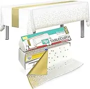 54in X 100ft White with Gold Dot and Runner Printed Plastic Disposable Tablecloth Roll with in Built Cutter Box | Table Cover for Party, Picnic, Banquet & Kids Activities