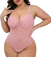 [DJG DIAL] Plus Size Pink Lace Bodysuit V Neck One Piece Teddy Lingerie Mesh Lace Up Top Naughty Underwear See Through Going Out Underwired Outfits