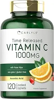Vitamin C 1000mg | Timed Release | 120 Vegetarian Caplets | with Rose Hips | Non-GMO & Gluten Free Supplement | By Carlyle