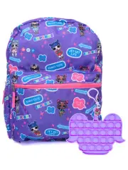 LOL School Backpack w/ Popper Fidget Keychain Set LOL Surprise Girls Purple