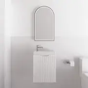 TOOLKISS 450*250*550mm Matt White Wall Hung Mini Vanity – Fluted Style Bathroom Vanity with 1 Door & Polymarble Top – Elegant Storage Solution