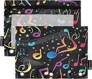 RPLIFE Colorful Musical Notes Stars Black Three Hole Punch Pouch with Clear Window, 2Pack Binder Pencil Pouches for Girls Kids School Supplies, 9.8″ × 7″ (One Size x 2)