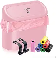 Pink Car Trash Can Bin with Lid & 105PCS Trash Bags and 2PCS Car Seat Hook, Small Car Garbage Can Leakproof Mini Car Accessories Trash Bin Car Dustbin Organizer Container for Car Office Home
