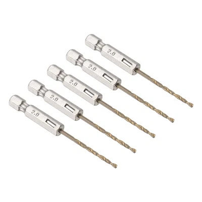 5pcs Titanium Coated Drill Bit with 1/4" Hex Shank - [2mm x 70mm] HSS