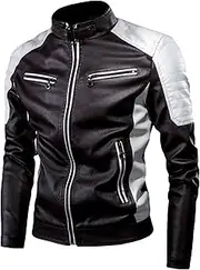 [Zylphorix] Men's Black Leather Jacket with Red & White Stripes - Classic Biker Style & Zipper Front