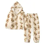 Pajama Set: Bear Print Hooded Fleece Top + Pants Top - Light Coffee - L / Pants - Coffee - L